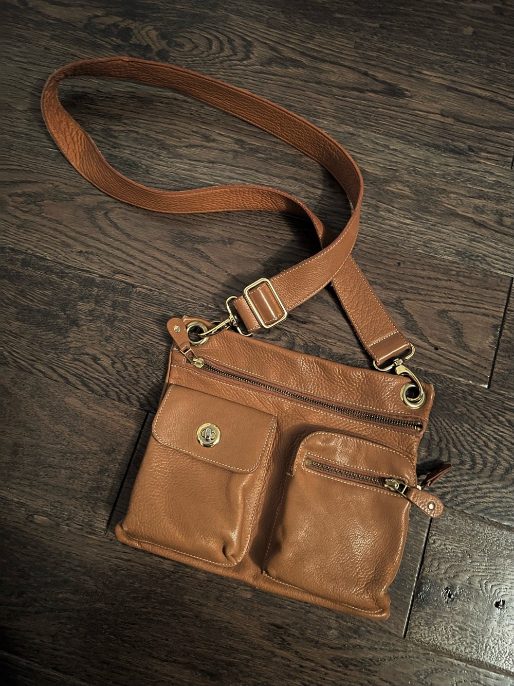 Roots Camel Leather Crossbody Bag with Gold Hardware, Like New